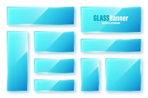 Realistic isolated glass frames collection. Blue transparent glass banners with Stock Illustration