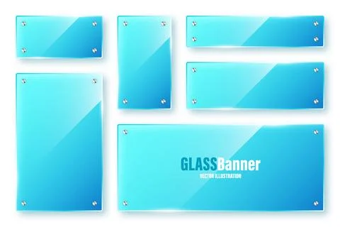 Realistic isolated glass frames collection. Blue transparent glass banners with Stock Illustration