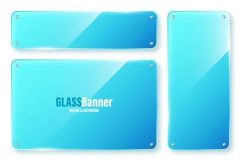 Realistic isolated glass frames collection. Blue transparent glass banners with Stock Illustration