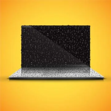 Realistic isolated notebook with shiny black screen, with waterdrops, vector  Ilustración de archivo