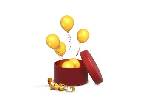 Realistic isolated open gift box with flying balloon in 3d style. Stock Illustration