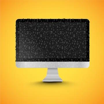 Realistic isolated PC with shiny black screen, with waterdrops, vector illust Ilustración de archivo
