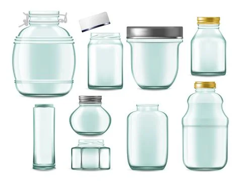 Realistic jars. Transparent empty glass containers for food preserves and dri Ilustración de archivo