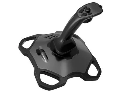 Realistic joystick for flight simulator with metallic chrome texture on white Stock Illustration