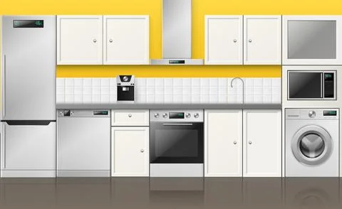 Realistic kitchen interior. 3d built in metallic appliances, cabinet furniture Stock Illustration