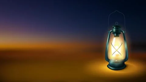 Realistic Lantern Isolated on Night Blurred Background, Kerosene Lamp Illum.. Illustration