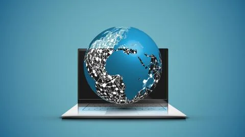 Realistic laptop with 3D world map with blue background, vector illustration Stockillustratie