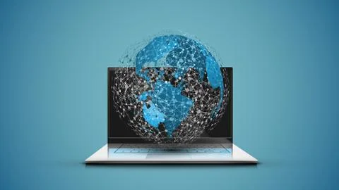 Realistic laptop with 3D world map with blue background, vector illustration Stock Illustration
