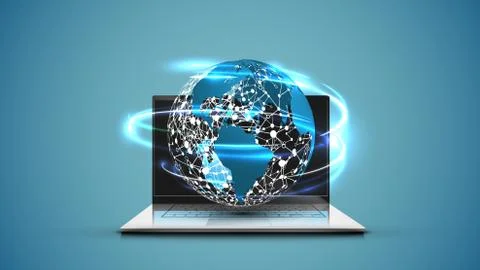Realistic laptop with 3D world map with blue background, vector illustration Stockillustratie