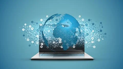 Realistic laptop with 3D world map with blue background, vector illustration Illustrazione stock