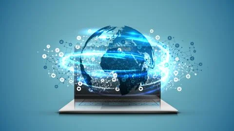 Realistic laptop with 3D world map with blue background, vector illustration Stock Illustration