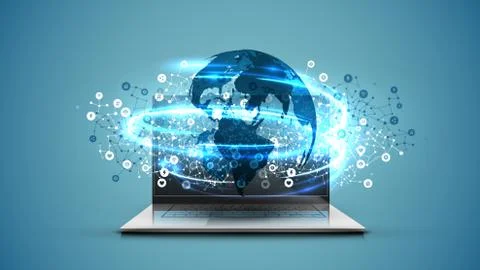 Realistic laptop with 3D world map with blue background, vector illustration Illustrazione stock