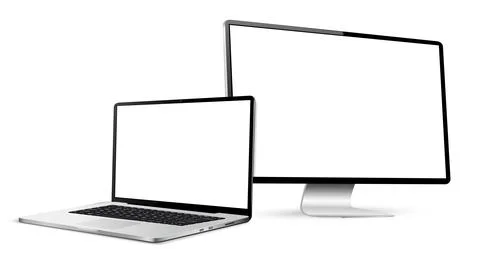 Realistic laptop and computer display with blank screen isolated on white b.. Illustrazione stock
