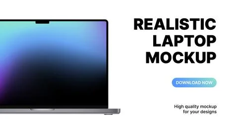 Realistic Laptop with Blue Gradient Screen. Download Notebook Mockup with White Stock Illustration