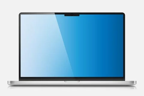 A realistic laptop with a blue gradient screen and reflection on a white Stock Illustration