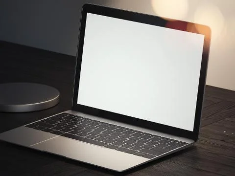 Realistic laptop on a dark table under the lamp in dark room, 3d rendering Stock Illustration