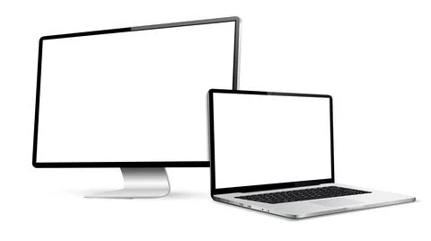 Realistic laptop mockup and computer display with blank screen isolated on wh Illustrazione stock