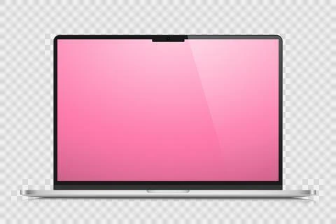 A realistic laptop with a pink gradient screen and reflection on a transparent Stock Illustration
