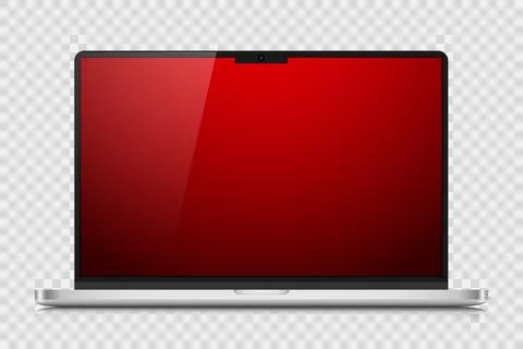 A realistic laptop with a red gradient screen and reflection on a transparent Stock Illustration