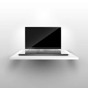Realistic laptop on shelf, vector illustration Stock Illustration