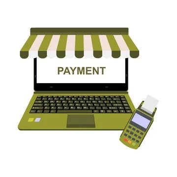 Realistic laptop vector illustration display online shop payment with EDC m.. Stock Illustration