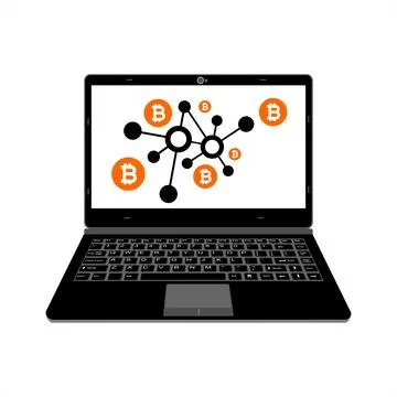 Realistic laptop vector illustration display bitcoin digital assets network Illustrazione stock