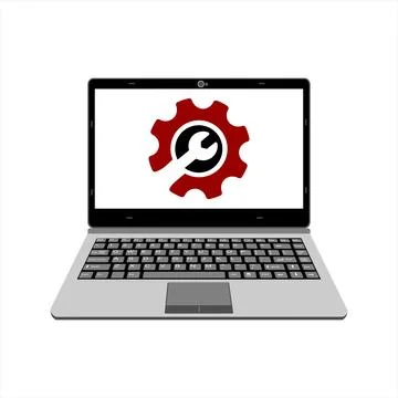 Realistic laptop vector illustration display setting and installing process Stock Illustration