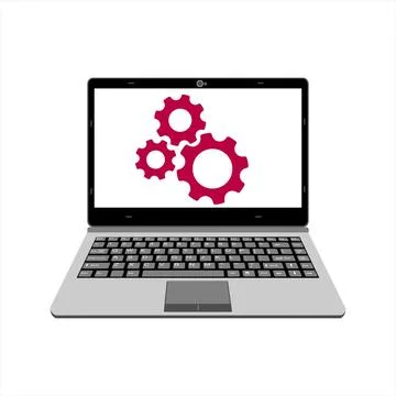 Realistic laptop vector illustration display setting and installing process Illustrazione stock