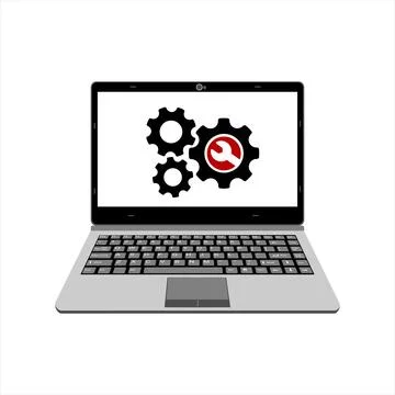 Realistic laptop vector illustration display setting and installing process Stock Illustration