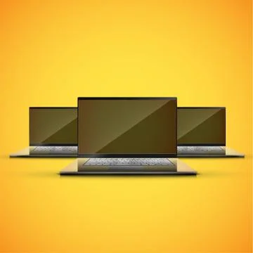 Realistic laptop on a yellow bacground, vector illustration Stock Illustration
