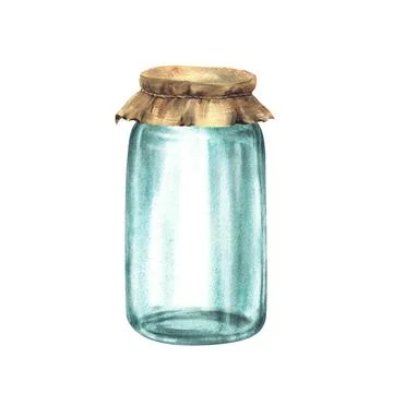 Realistic lass jars with Canvas burlap fabric lid tied with rope. Empty foo.. 스톡 일러스트