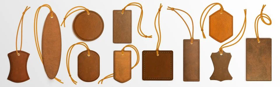 Realistic leather labels on strings 스톡 일러스트