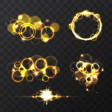 Realistic Lens Flare Elements Collection. Gold sun Light Effect Transparent Stock Illustration