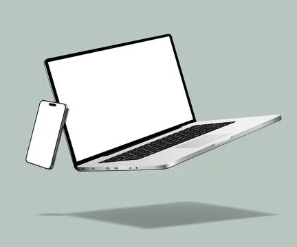 Realistic levitation laptop computer and smartphone Illustrazione stock