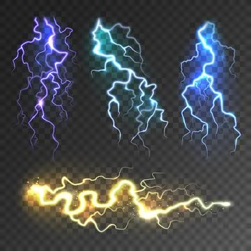 Realistic lightning collection on transparent background. Thunderstorm and Illustrazione stock