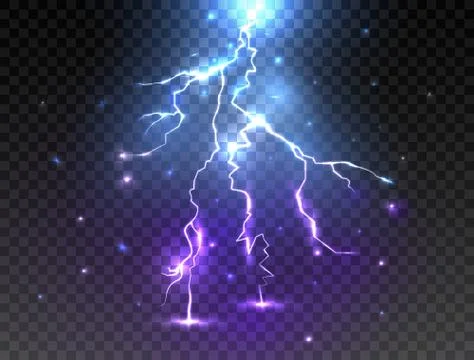 Realistic lightning on transparent background. Glowing effect. Thunder bolt d Stock Illustration