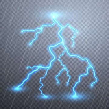 Realistic lightnings with transparency for design. Thunder-storm and lightnin Stock Illustration