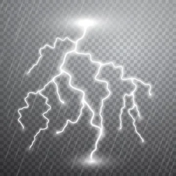 Realistic lightnings with transparency for design. Thunder-storm and lightnin Stock Illustration