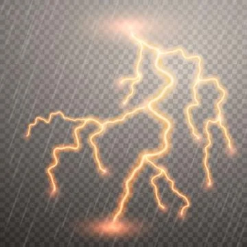 Realistic lightnings with transparency for design. Thunder-storm and lightnin Stock Illustration