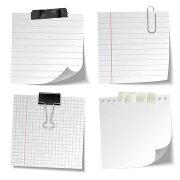 Realistic lined sticky notes with clip binder and adhesive tape. Blank note Stock Illustration