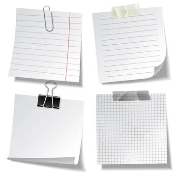 Realistic lined sticky notes with clip binder and adhesive tape. Blank note Stock Illustration