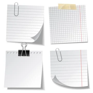 Realistic lined sticky notes with clip binder and adhesive tape. Blank note Stock Illustration