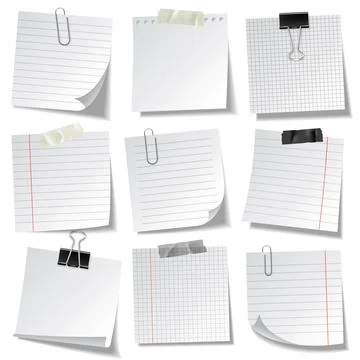 Realistic lined sticky notes with clip binder and adhesive tape. Blank note Stock Illustration