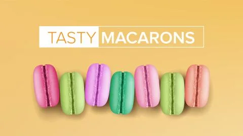 Realistic Macarons Vector. Top View. Sweet French Macaroons On Yellow Background Stockillustratie