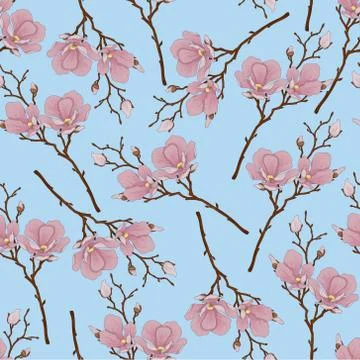 Realistic magnolia flowers seamless pattern template. Stock Illustration
