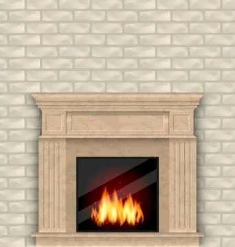 Realistic Marble Fireplace with Fire in Interior, Brick Wall Stock Illustration