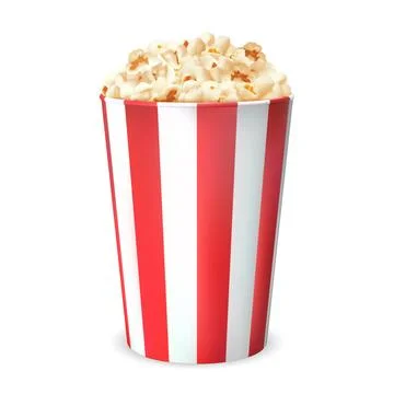 Realistic medium-sized paper cup with red stripes filled with popcorn. Stock Illustration