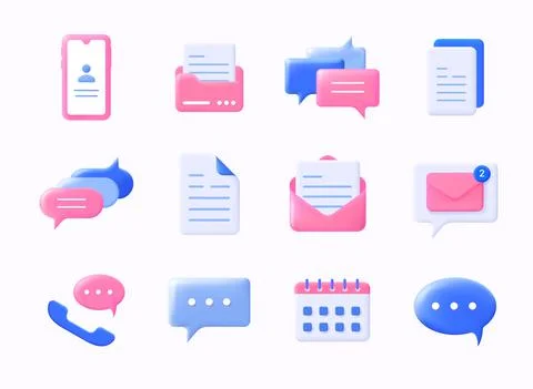 Realistic message icons. 3D plastic chat symbols. Mobile SMS communication Stock Illustration