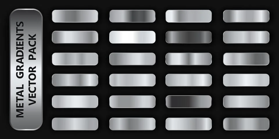 Realistic metal gradient texture pack 24 in 1. Fill and stroke effects. Shiny Stock Illustration