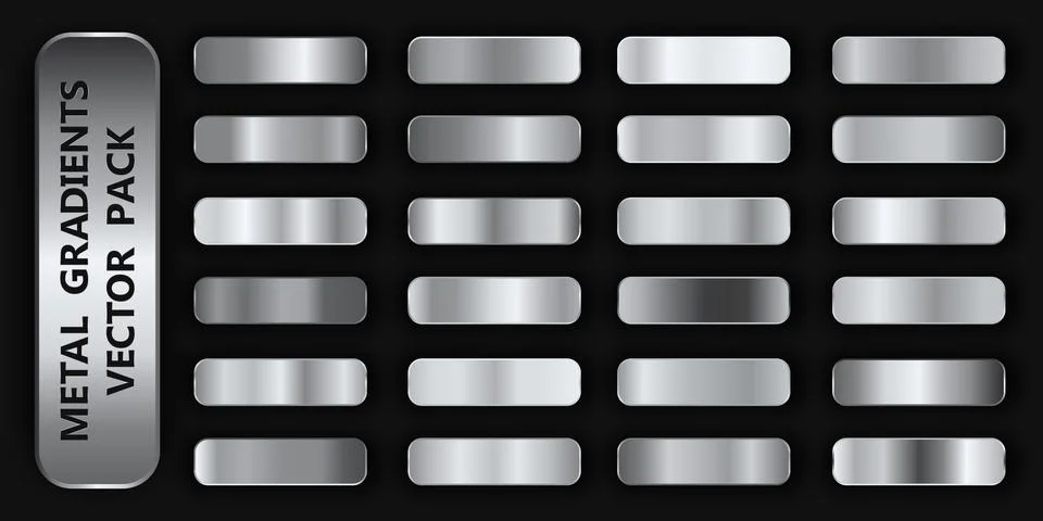 Realistic metal gradient texture pack 24 in 1. Fill and stroke effects. Shiny Stock Illustration